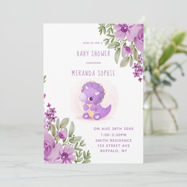 Cute Purple Dinosaur Florals Girl Baby Shower  Invitation (Standing Front)