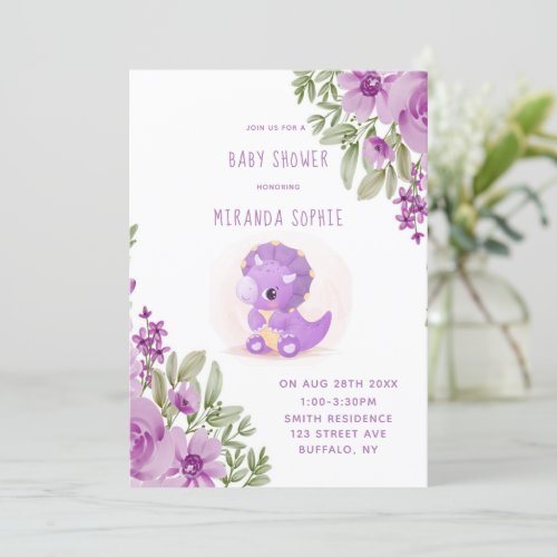 Cute Purple Dinosaur Florals Girl Baby Shower  Invitation