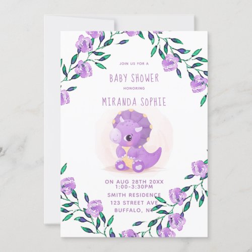Cute Purple Dinosaur Girl Baby Shower  Invitation