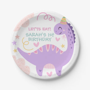 Cute Purple Dinosaur Kids Birthday Paper Plates