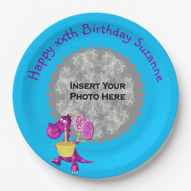 Cute Purple Dinosaur Photo Birthday Party Paper Plates (Front)