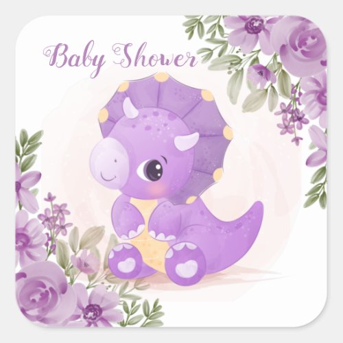 Cute Purple Dinosaur with Florals Baby Shower Square Sticker