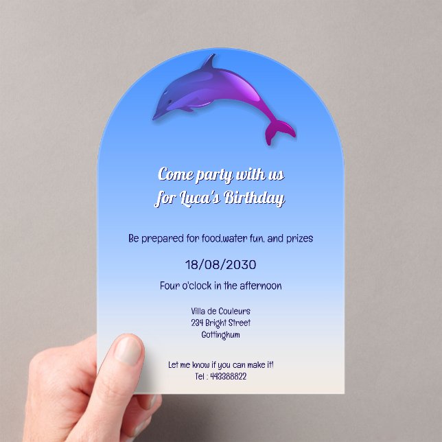 Cute purple dolphin - birthday party acrylic invitations (Insitu (Handheld))