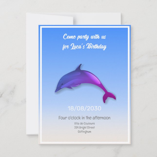 Cute purple dolphin - birthday party invitation (Front)
