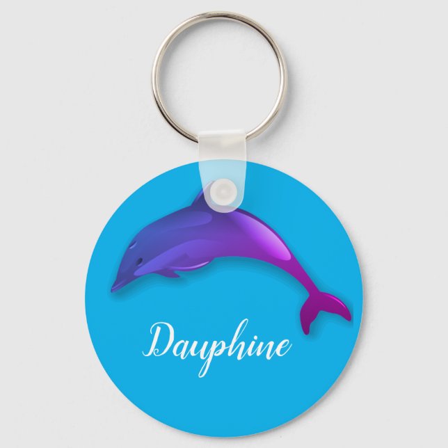 Cute  purple  dolphin  in sky blue -  add name keychain (Front)