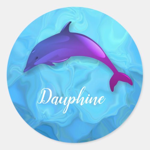 Cute  purple  dolphin  in water _  add name  classic round sticker