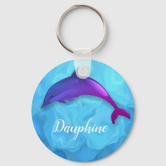 Cute  purple  dolphin  in water -  add name keychain (Front)