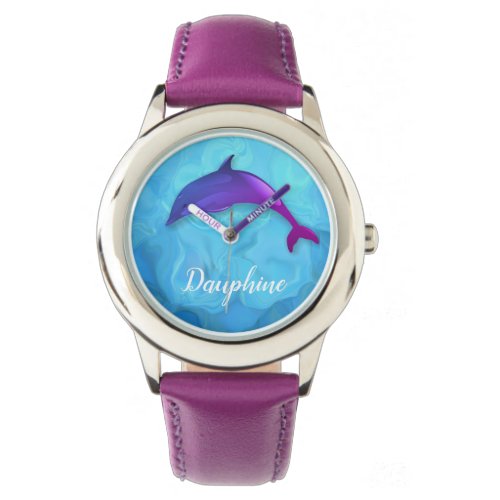 Cute  purple  dolphin  in water _  add name watch
