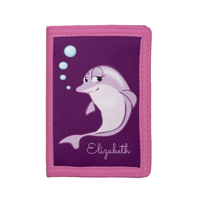 Cute Purple Dolphin Personalized Trifold Wallet (Front Vertical)