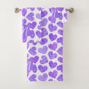 Cute Purple Doodled Heart Valentine's Day Monogram Bath Towel Set