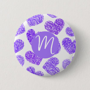 Cute Purple Doodled Heart Valentine's Day Monogram Button