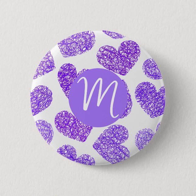 Cute Purple Doodled Heart Valentine's Day Monogram Button (Front)