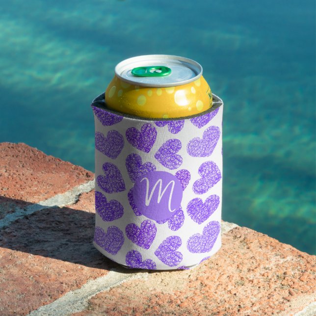Cute Purple Doodled Heart Valentine's Day Monogram Can Cooler (In Situ Pool)