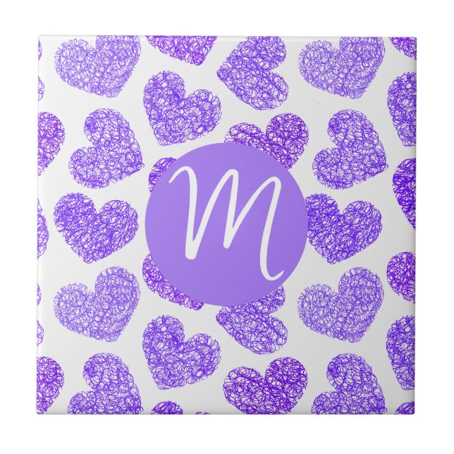 Cute Purple Doodled Heart Valentine's Day Monogram Ceramic Tile (Front)