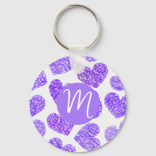 Cute Purple Doodled Heart Valentine's Day Monogram Keychain