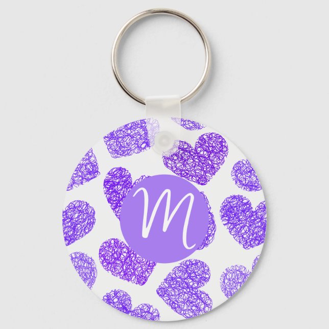 Cute Purple Doodled Heart Valentine's Day Monogram Keychain (Front)