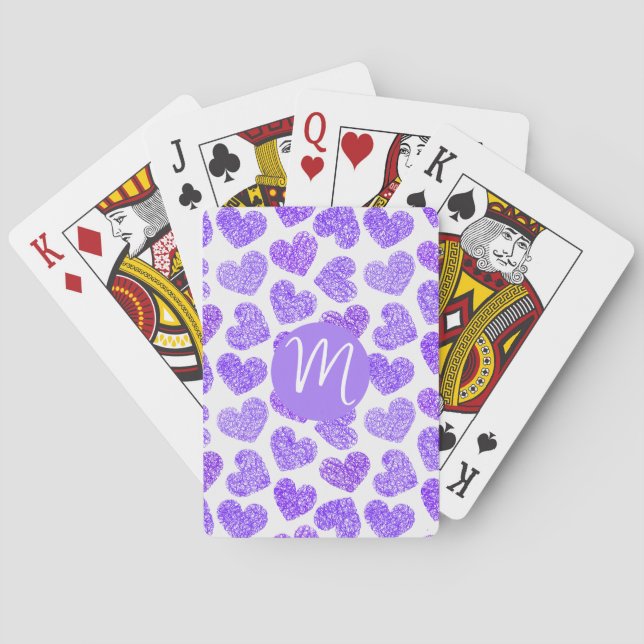Cute Purple Doodled Heart Valentine's Day Monogram Poker Cards (Back)