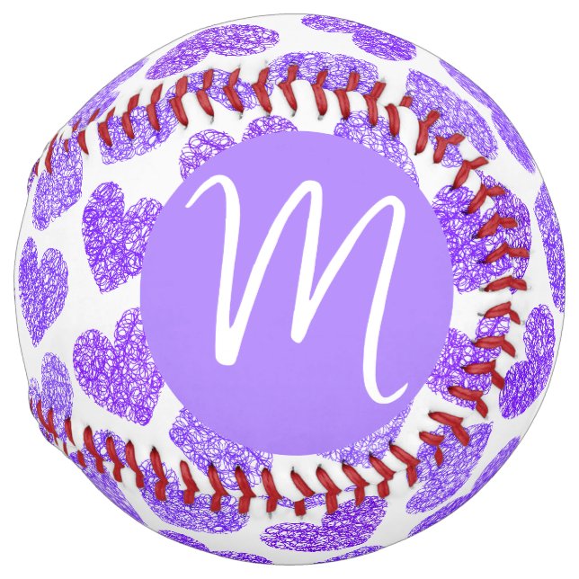 Cute Purple Doodled Heart Valentine's Day Monogram Softball (Front Right)
