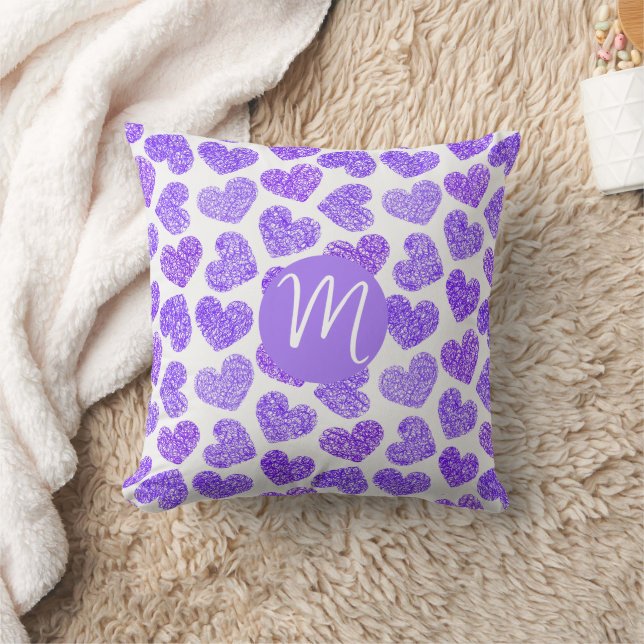 Cute Purple Doodled Heart Valentine's Day Monogram Throw Pillow (Blanket)