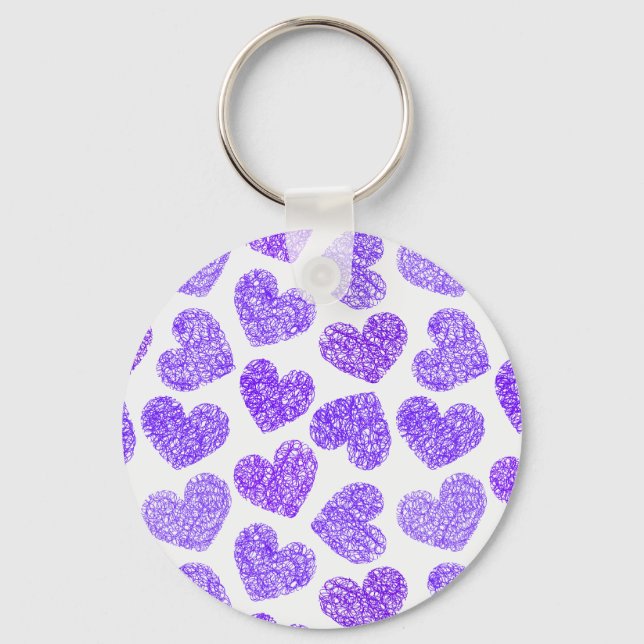 Cute Purple Doodled Heart Valentine's Day Pattern Keychain (Front)