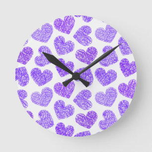 Cute Purple Doodled Heart Valentine's Day Pattern Round Clock