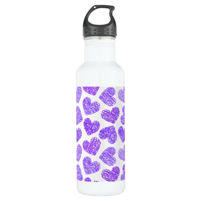 Cute Purple Doodled Heart Valentine's Day Pattern Water Bottle (Front)