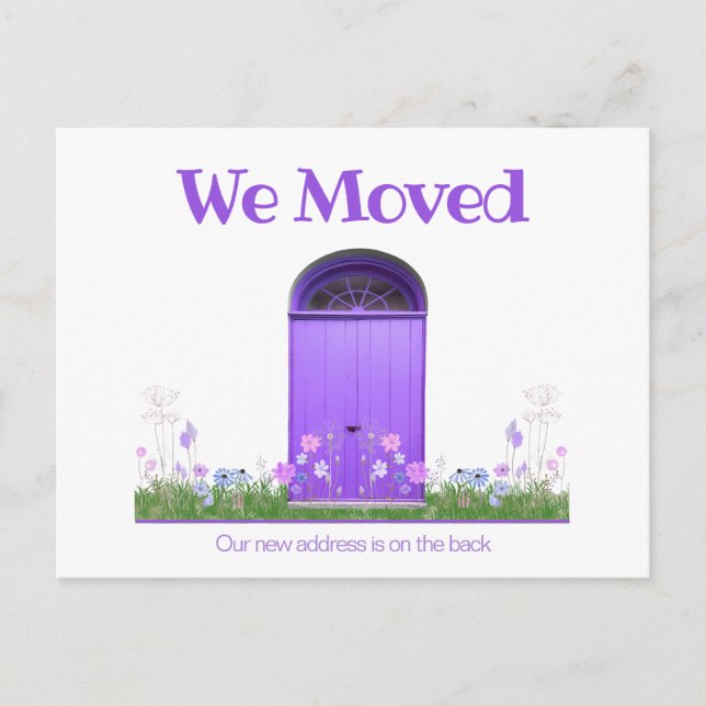 Cute Purple Doors Flowers We Moved Announcement Postcard (Front)