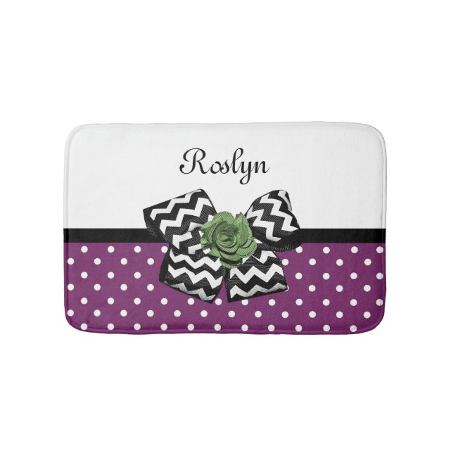 Cute Purple Dots Green Rose Chevron Bow With Name Bath Mat (Front)