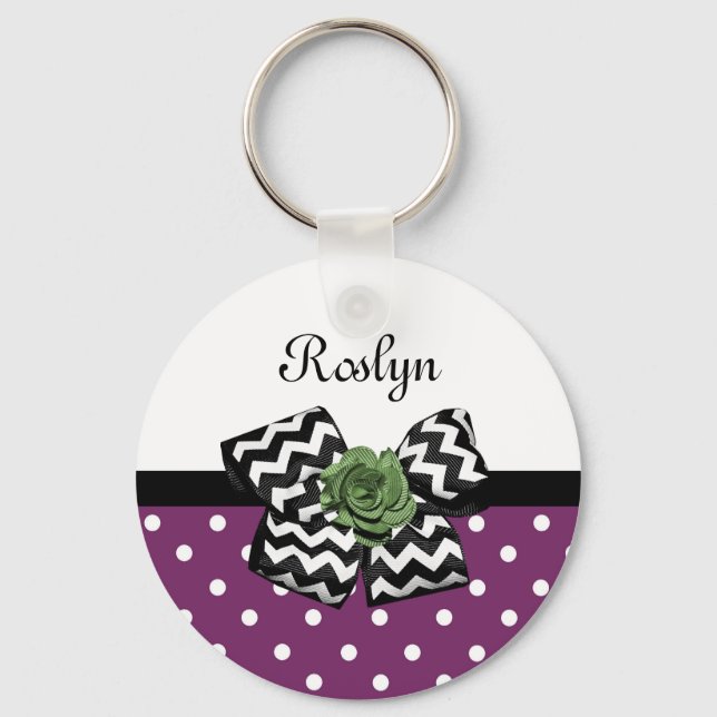 Cute Purple Dots Green Rose Chevron Bow With Name Keychain (Front)
