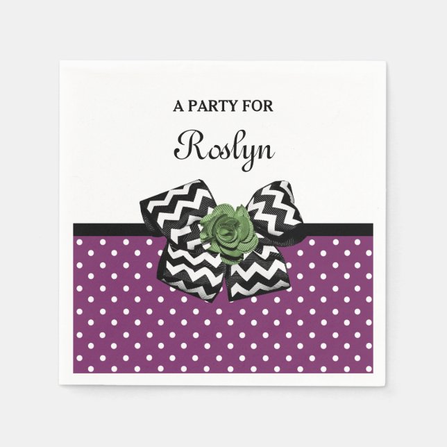 Cute Purple Dots Green Rose Chevron Bow With Name Paper Napkins (Front)