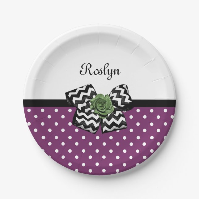 Cute Purple Dots Green Rose Chevron Bow With Name Paper Plates (Front)