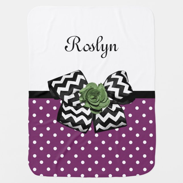 Cute Purple Dots Green Rose Chevron Bow With Name Swaddle Blanket (Front)