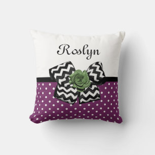 Cute Purple Dots Green Rose Chevron Bow With Name Throw Pillow