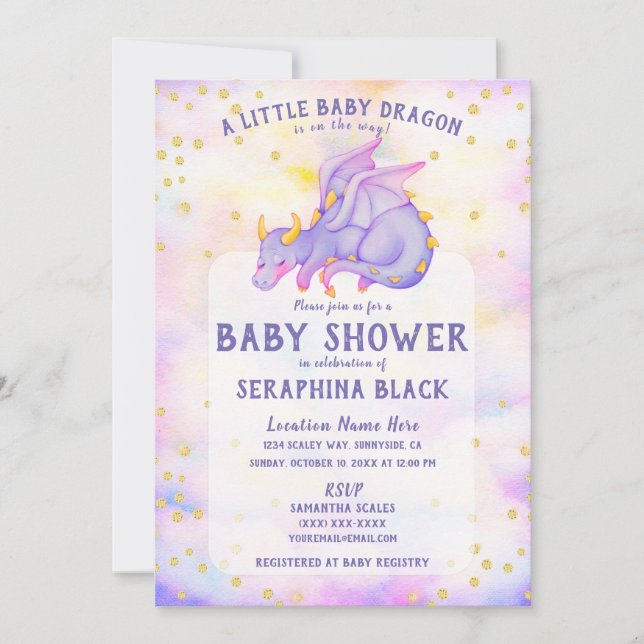 Cute Purple Dragon Baby Shower Invitation (Front)