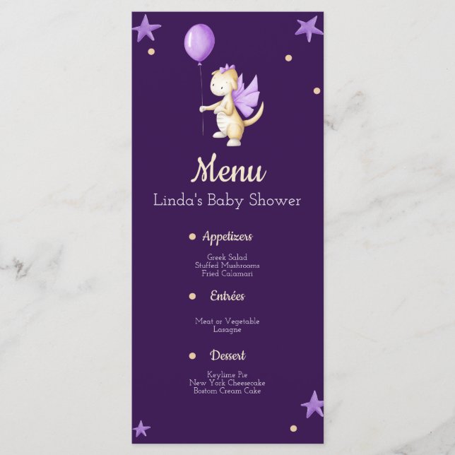 Cute Purple Dragon with Balloon Girl Baby Shower Menu (Front)