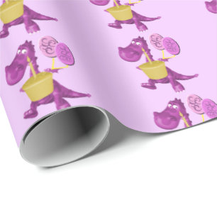 Cute Purple Dragon With Cupcake And Balloons Wrapping Paper