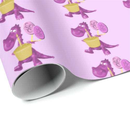 Cute Purple Dragon With Cupcake And Balloons    Wrapping Paper