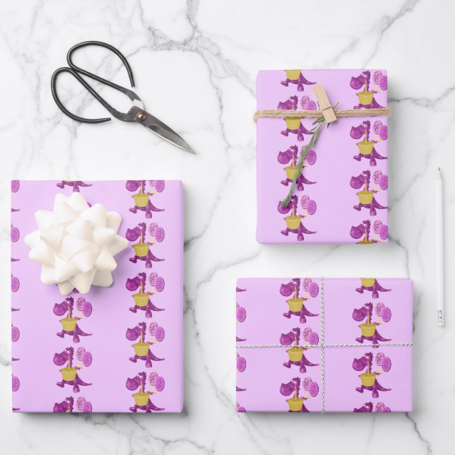 Cute Purple Dragon With Cupcake And Balloons   Wrapping Paper Sheets (Front)