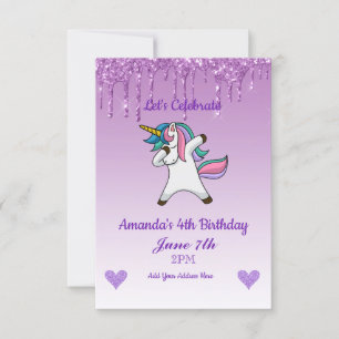 Cute Purple Dripping Glitter Dabbing Unicorn Invitation
