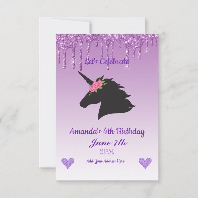 Cute Purple Dripping Glitter Floral Unicorn Invitation (Front)