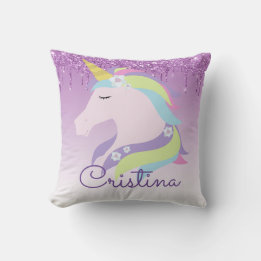 Cute Purple Dripping Glitter Magical Unicorn Throw Pillow