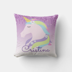 Cute Purple Dripping Glitter Magical Unicorn Throw Pillow