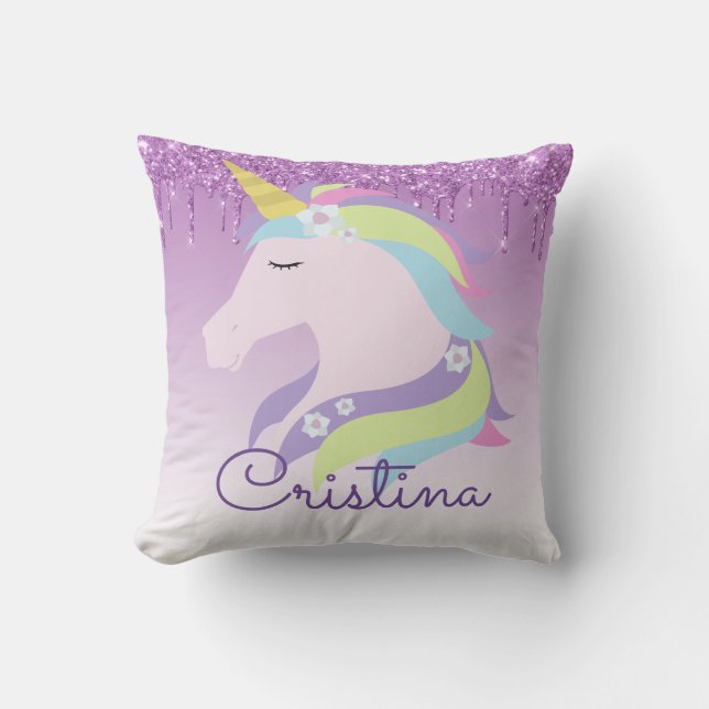 Cute Purple Dripping Glitter Magical Unicorn Throw Pillow (Front)