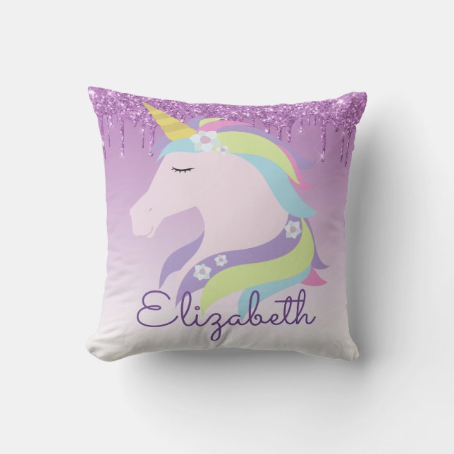 Cute Purple Dripping Glitter Magical Unicorn Throw Pillow (Front)