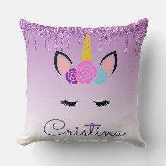 Cute Purple Dripping Glitter Magical Unicorn Throw Pillow