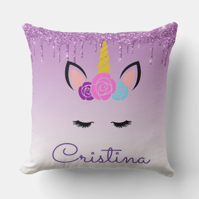 Cute Purple Dripping Glitter Magical Unicorn Throw Pillow (Front)