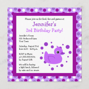 Cute Purple Ducky with Polka Dots Birthday Invite