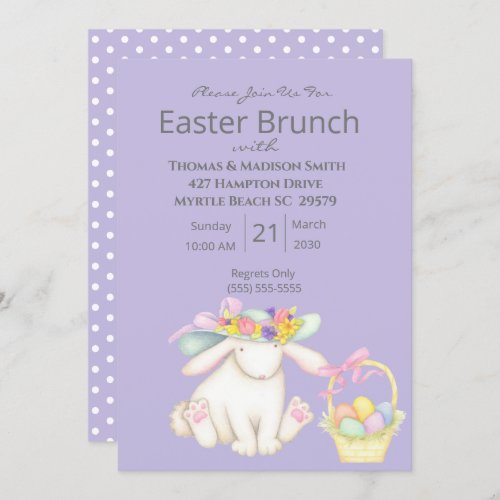 Cute Purple  Easter Basket Bunny Brunch Invitation