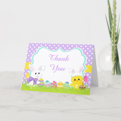 Cute Purple Easter Bunny and Chick Easter Egg Hunt Thank You Card