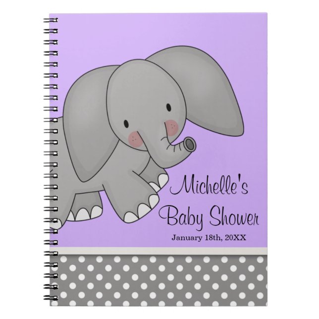 Cute Purple Elephant Baby Shower Guest Book (Front)